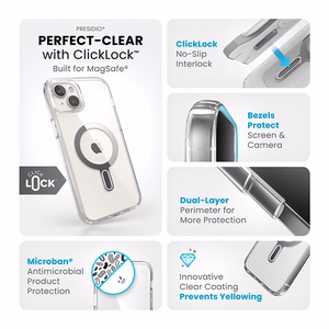 Speck Presidio Perfect-Clear MagSafe dėklas su ClickLock, skirtas iPhone 15 Plus / 14 Plus, skaidrus su chromo spalvos žiedu