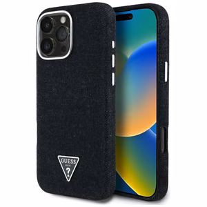 Guess Džinsinis trikampio logotipas MagSafe dėklas iPhone 16 Pro - juodas
