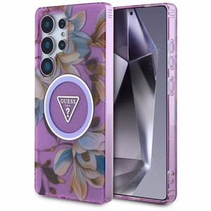 GUESS dėklas SAMSUNG S25 Ultra GUHMS25LHFLPEDU (Magnetinis IML metalinis blizgesys gėlių trikampis) violetinė