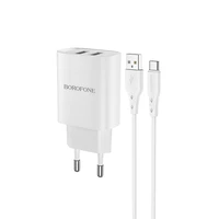 Borofone Sieninis įkroviklis BN2 Super - 2xUSB - 2,1A su USB į Type C baltas