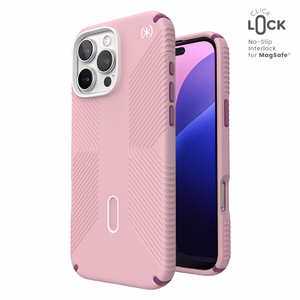 Speck Presidio2 Grip ClickLock & MagSafe dėklas, skirtas iPhone 16 Pro Max, „Wednesday Pink“ / „Boysenberry Purple“ / baltas