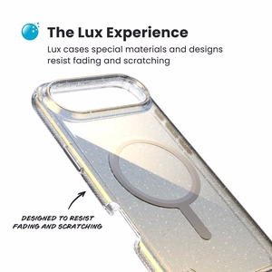 Speck Presidio Lux Glitter MagSafe dėklas, skirtas iPhone Air, „Clear / Hyper Mirror Glitter“ spalvos