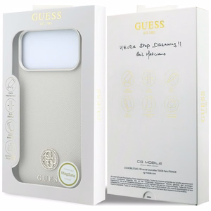 Guess Grained Round Strass Logo MagSafe dėklas iPhone 18 Pro Max / 17 Pro Max – smėlinis