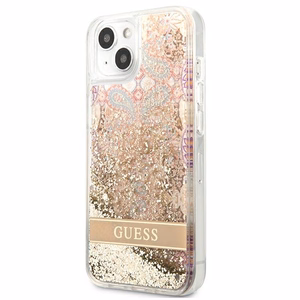 Guess GUHCP13SLFLSD iPhone 13 mini 5.4" auksinis kietas dėklas paisley skystas blizgučiai