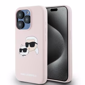 Karl Lagerfeld silikoninis Karl&Choupette magnetinis dėklas telefonui iPhone 15 Pro - rožinis