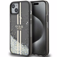 Guess Liquid Glitter Gold Stripes dėklas telefonui iPhone 15 Plus / 14 Plus - juodas