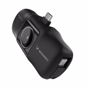 Wozinsky WF16-YCS 5000mAh 15W USB-C mini išorinė baterija su įmontuotu USB-C kabeliu ir Apple Watch įkrovikliu - juoda