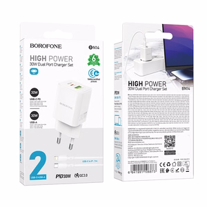 Borofone Sieninis įkroviklis BN14 Royal GaN - USB + Type C - QC 3.0 PD 30W su Type C į Lightning kabeliu baltas