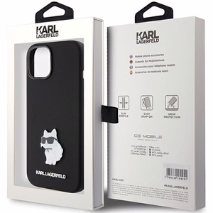 Karl Lagerfeld silikoninis Choupette Metal Pin dėklas telefonui iPhone 15 Plus / 14 Plus - juodas