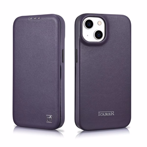iCarer CE Premium odinis folio dėklas iPhone 14 Plus magnetinis atverčiamas odinis folio dėklas MagSafe tamsiai violetinė