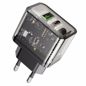 Įkroviklis telefonui Hoco USB A + USB C QC3.0 PD 3A 20W N34 skaidrus
