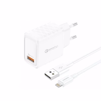 FONENG tinklo įkroviklis EU54 18W 1xUSB QC3.0 + laidas Lightning baltas