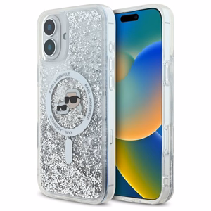 Karl Lagerfeld Liquid Glitter Karl&Choupette Head Magnetinis dėklas telefonui iPhone 16 - skaidrus