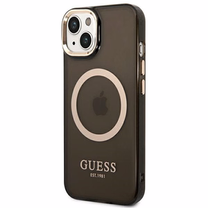 Guess GUHMP14MHTCMK iPhone 14 Plus 6.7" juodas/juodas kietas dėklas Auksinis kontūras Pusiau permatomas Magnetinis