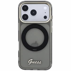 Guess IML Ring Stand 360 Script Metal Logo MagSafe dėklas, skirtas iPhone 17 Pro / 18 Pro – juodas