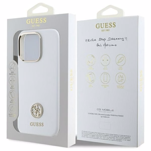 Guess Silikoninis Logo Strass 4G Dėklas iPhone 16 Pro - baltas