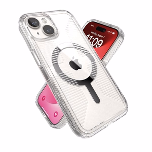 Speck GemShell Grip MagSafe dėklas, skirtas iPhone 17e / 16e / 15 / 14 / 13, skaidrus, chromo apdaila