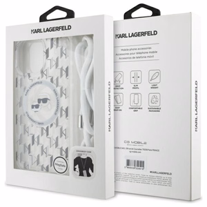 Karl Lagerfeld IML per petį monograminis Karl ir Choupette galvos MagSafe dėklas iPhone 16 Pro - skaidrus