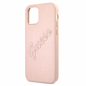 Guess GUHCP12LRSAVSRG iPhone 12 Pro Max 6.7 rožinis kietasis dėklas Saffiano Vintage Script