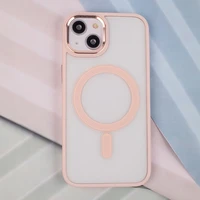 Satininis skaidrus magnetinis dėklas telefonui iPhone 15 Pro Max 6,7" - rožinis