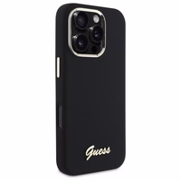 "Guess" silikoninis korpusas su metaliniu logotipu ir rėmeliu, skirtas "iPhone 16 Pro Max" - juodas