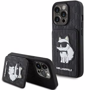Karl Lagerfeld Saffiano kortelių lizdai ir stovas monograma Choupette dėklas iPhone 15 Pro - juoda