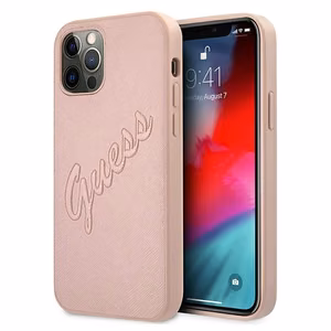 Guess GUHCP12LRSAVSRG iPhone 12 Pro Max 6.7 rožinis kietasis dėklas Saffiano Vintage Script