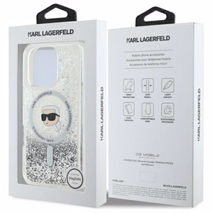 Karl Lagerfeld skystų blizgučių Karl Head magnetinis dėklas telefonui iPhone 16 Pro - skaidrus