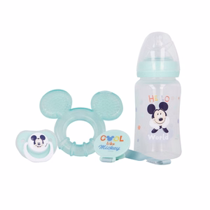 Mickey Mouse Cool kūdikio rinkinys: 240 ml buteliukas su žinduku, anatominis čiulptukas, kramtukas ir čiulptuko laikiklis