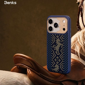 Mėlynas „Benks Magnetic Armor Pro Knight“ kevlaro dėklas su metaliniu rėmeliu (C.K.FL.AP.GD.BC73), skirtas iPhone 18 Pro Max / iPhone 17 Pro Max su „Camera Control“ mygtuku