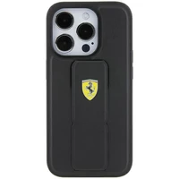 Ferrari Grip Stand Metal Logo dėklas iPhone 15 Pro – juodas