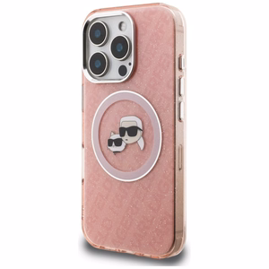 Karl Lagerfeld IML Glitter Karl & Choupette Heads Logo MagSafe dėklas iPhone 16 Pro - rožinis