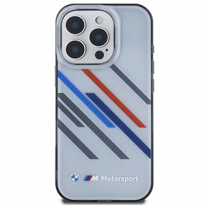 BMW Motosport IML atsitiktinės juostos iPhone 16 Pro dėklas - pilkas