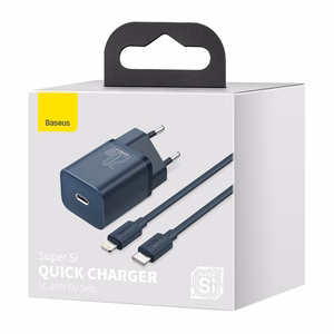 Baseus Super Si 1C greito įkrovimo įkroviklis USB Type C 20W Power Delivery + USB Type C - Lightning kabelis 1m mėlynas (TZCCSUP-B03)