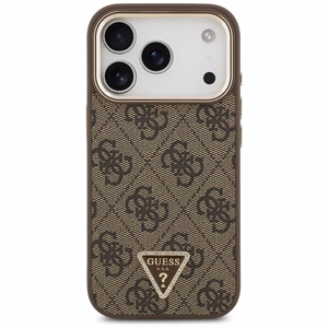 Guess PU Leather 4G Strass Triangle Logo Gold Frame MagSafe dėklas Apple iPhone 18 Pro, rudas