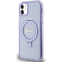 Guess žiedo stovo Script blizgus magnetinis dėklas telefonui iPhone 11 / Xr - violetinis