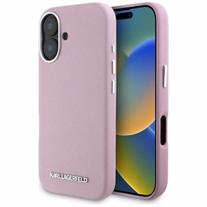 Karl Lagerfeld Saffiano pilnai aptrauktas pailgo metalinio logotipo magnetinis dėklas telefonui iPhone 16 - rožinis