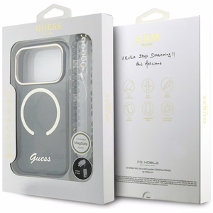 Guess IML Glitters Script Dirželis MagSafe Dėklas for iPhone 17 Pro - juodas