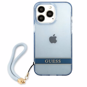 Guess GUHCP13LHTSGSB iPhone 13 Pro / 13 6.1 dėklas telefonui, mėlynas, kietas, pusiau permatomas su dirželiu