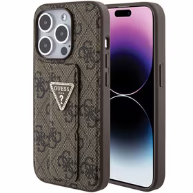 Guess dėklas telefonui su stovu Grip Stand 4G Triangle Strass iPhone 15 Pro Max - rudas