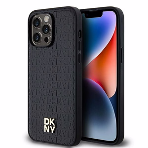 DKNY Odinis raštas su metaliniu logotipu magnetinis dėklas telefonui iPhone 14 Pro - juodas
