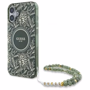 Guess IML Flowers Allover Electro With Pearl Strap MagSafe dėklas telefonui iPhone 16 - žalia