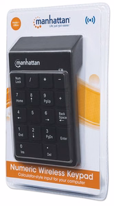 Manhattan belaidis skaitinis klavišų blokas (2.4GHz), USB-A mikro imtuvas, 18 viso dydžio klavišai, juodas, membraninis, automatinis energijos valdymas, veikimo atstumas 10m, AAA baterija (įdėta), Windows ir Mac, trejų metų garantija