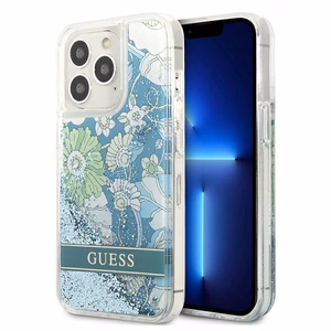 Guess GUHCP13XLFLSN iPhone 13 Pro Max 6.7" žalias/žalias kietasis dėklas su gėlių skysčio blizgučiais