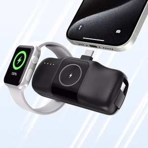 Wozinsky WF16-YCS 5000mAh 15W USB-C mini išorinė baterija su įmontuotu USB-C kabeliu ir Apple Watch įkrovikliu - juoda
