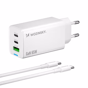 Wozinsky GaN 65W įkroviklis su USB-A ir 2xUSB-C jungtimis bei 65W USB-C kabeliu - baltas