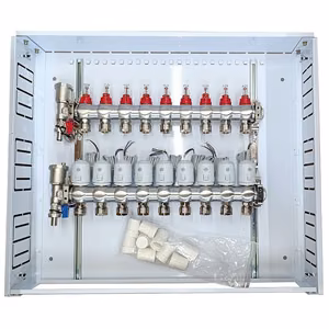Grindinio šildymo kolektorius 9 kontūrų su terminėmis pavaromis NC AC230V ir debitomačiais