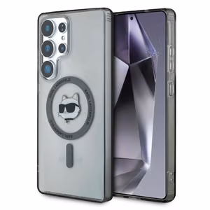 Karl Lagerfeld mygtukinis Choupette Head atspausdintas logotipas Magnētinis Samsung Galaxy S25 Ultra dėklas juodas