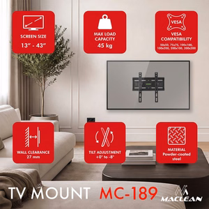 Maclean MC-189 – TV wall mount, 13–43-inch, VESA 200×200, up to 45 kg, black, tilt +2° to -10°