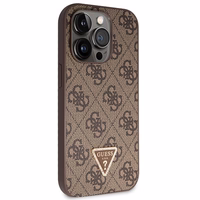 Guess GUHCP14LP4TDSCPW dėklas iPhone 14 Pro - rudas kryžminis 4G metalinis logotipas